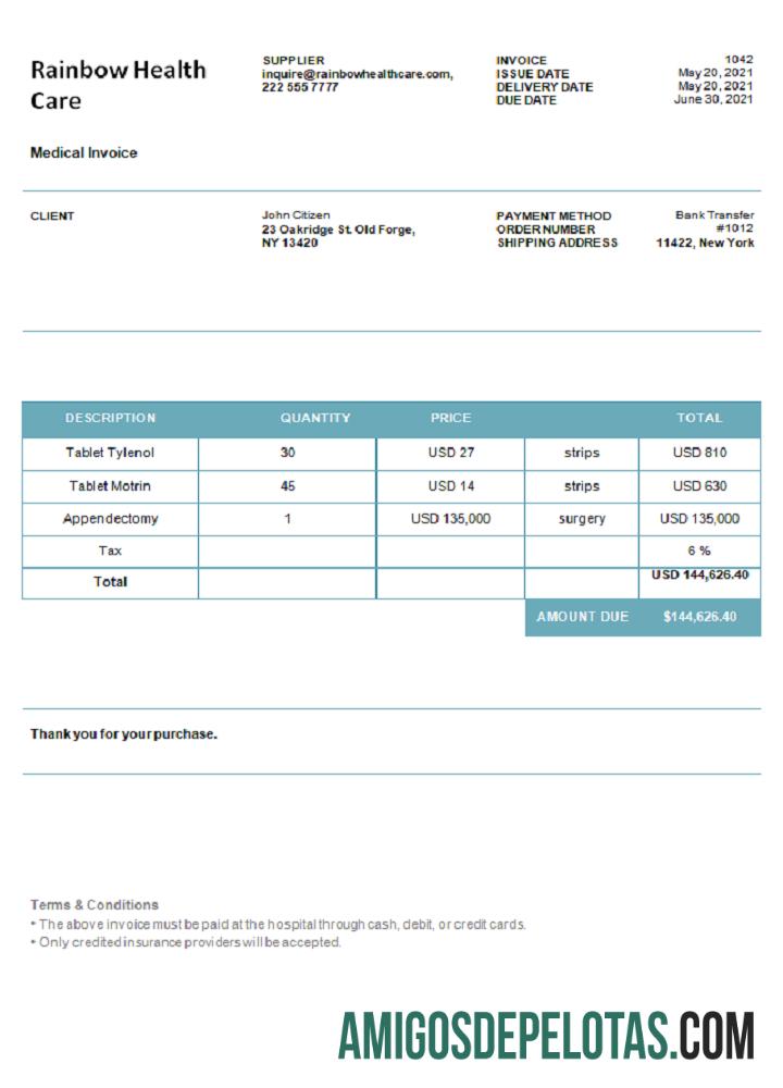 Fatura de cuidados de saúde Rainbow dos EUA modelo